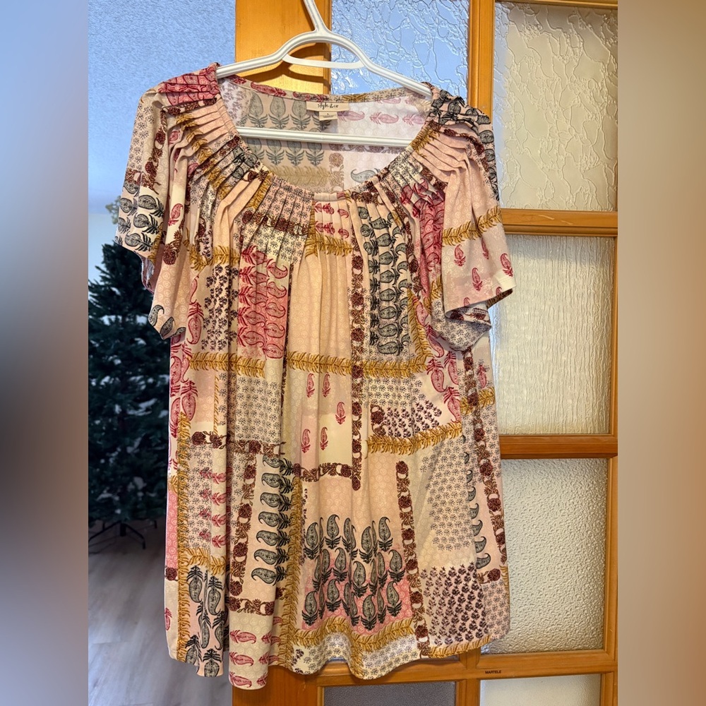 Style & Co Boho Patchwork Print Women's Blouse Top Size Large